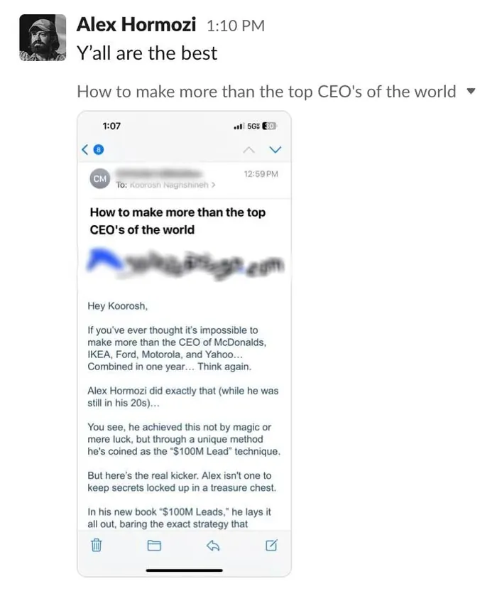 Alex Hormozi replying to our email